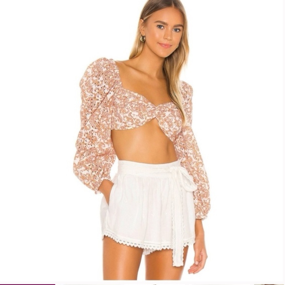 Bardot Eyelet Long Sleeve Crop Top